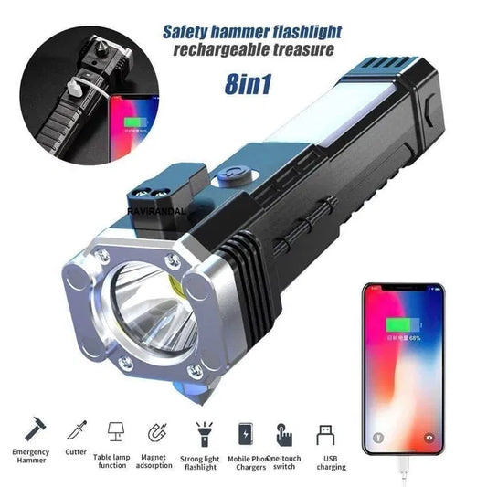 8 in 1 Portable Rechargeable Torch LED Flashlight Power bank  Car Emergency Hammer Led lantern Torch light Flashlights